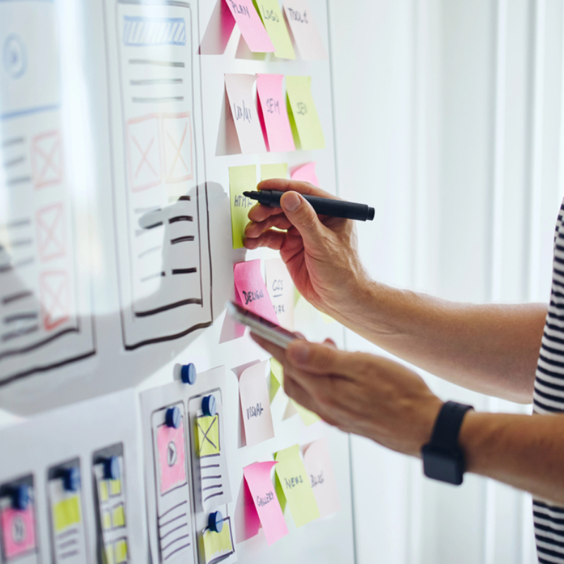 Web designer building a strategy on a whiteboard